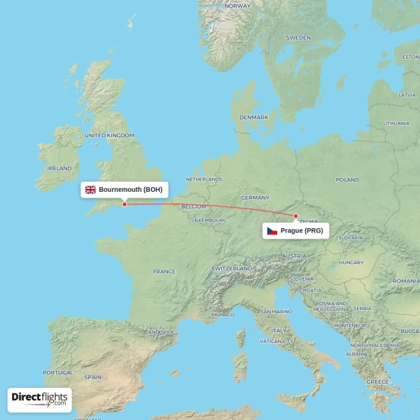 Prague - Bournemouth direct flight map