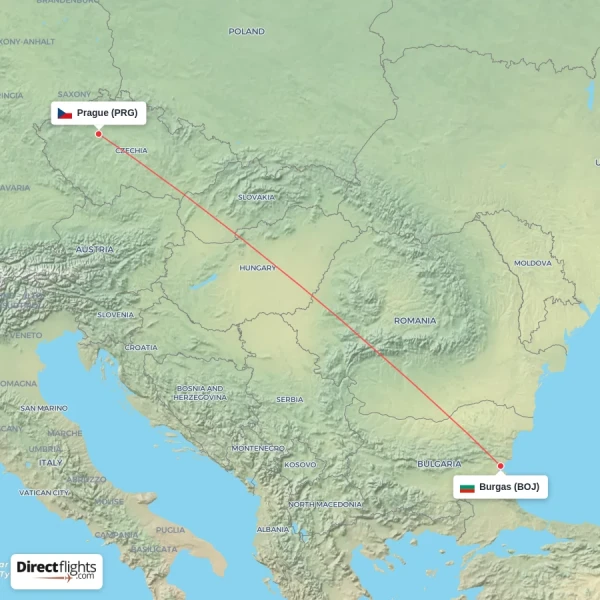 Prague - Burgas direct flight map