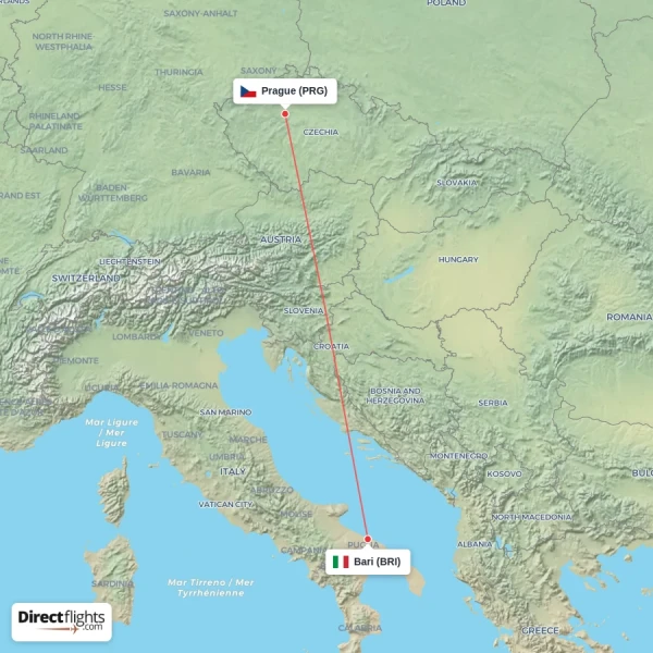 Prague - Bari direct flight map