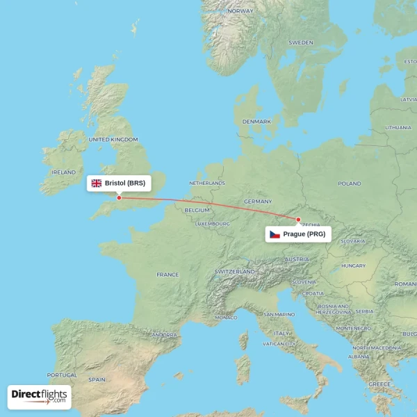 Prague - Bristol direct flight map