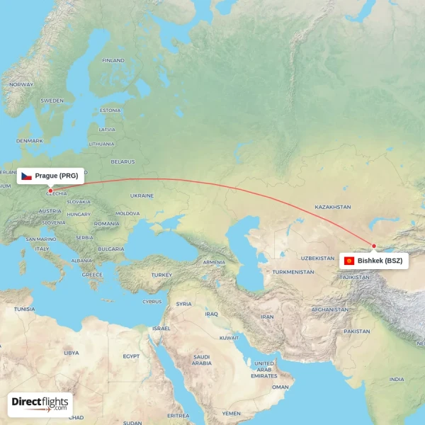 Prague - Bishkek direct flight map