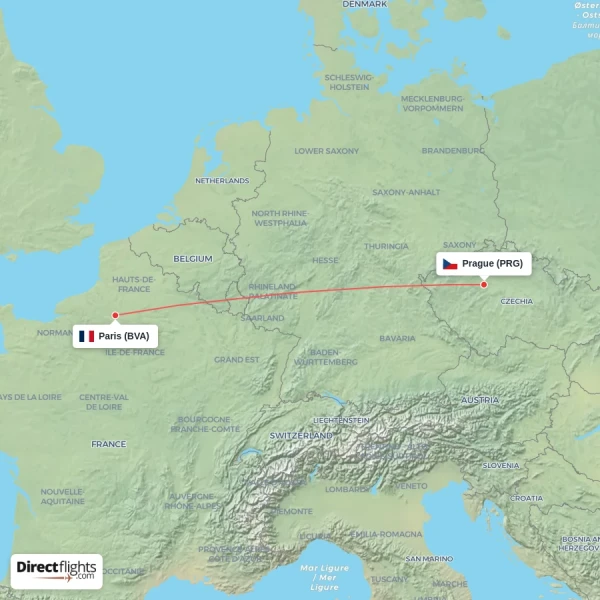 Prague - Paris direct flight map