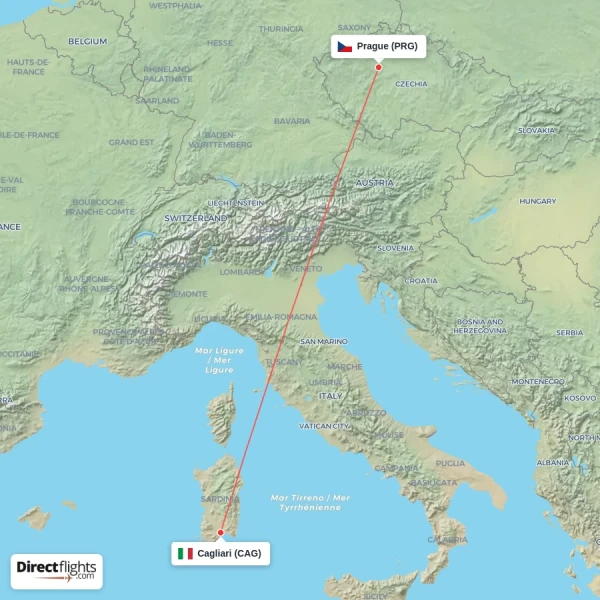 Prague - Cagliari direct flight map