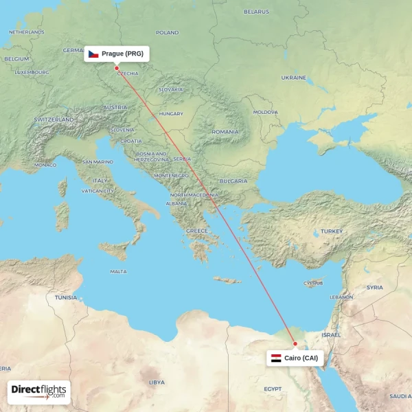 Prague - Cairo direct flight map