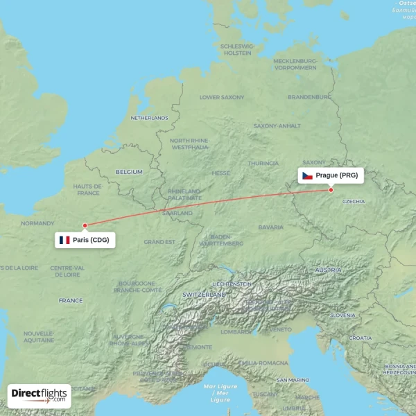 Prague - Paris direct flight map