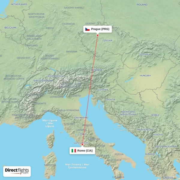 Prague - Rome direct flight map