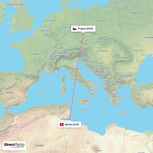 Prague - Djerba direct flight map