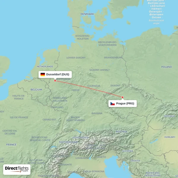 Prague - Dusseldorf direct flight map