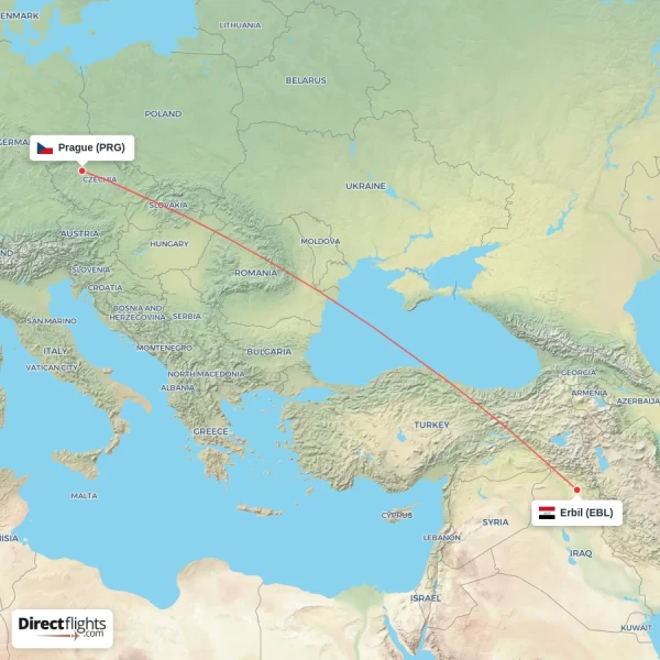 Prague - Erbil direct flight map