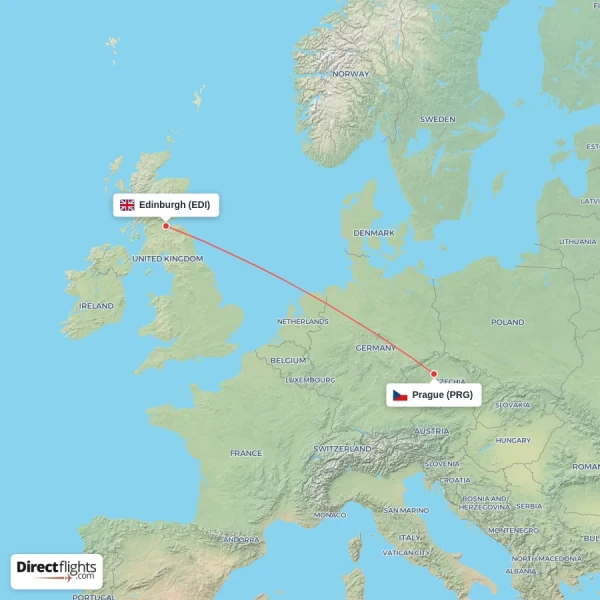 Prague - Edinburgh direct flight map