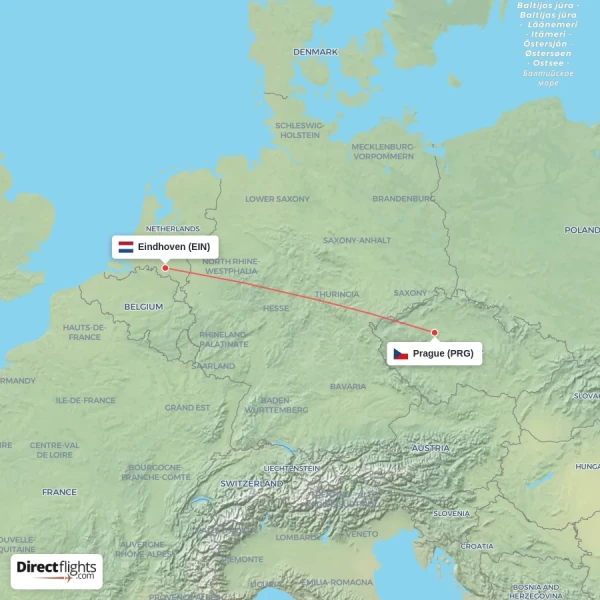 Prague - Eindhoven direct flight map