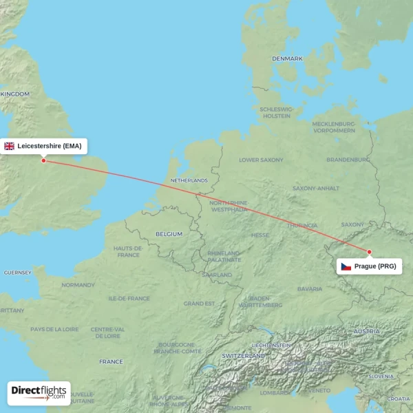 Prague - Leicestershire direct flight map