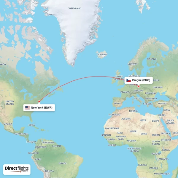 Prague - New York direct flight map