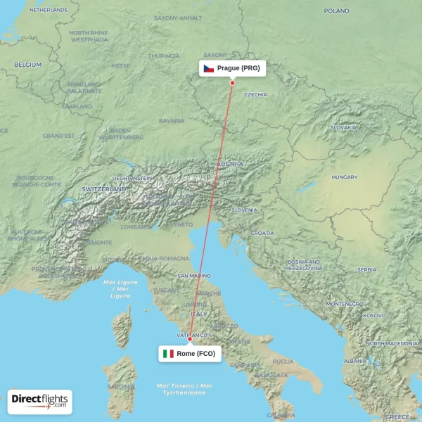 Prague - Rome direct flight map