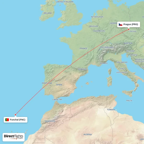 Prague - Funchal direct flight map
