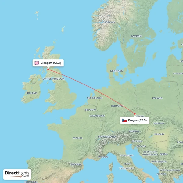 Prague - Glasgow direct flight map
