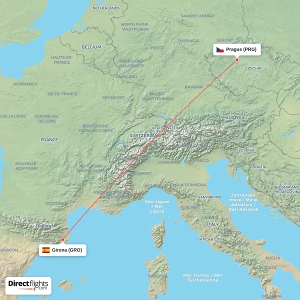 Prague - Girona direct flight map