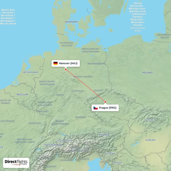 Prague - Hanover direct flight map