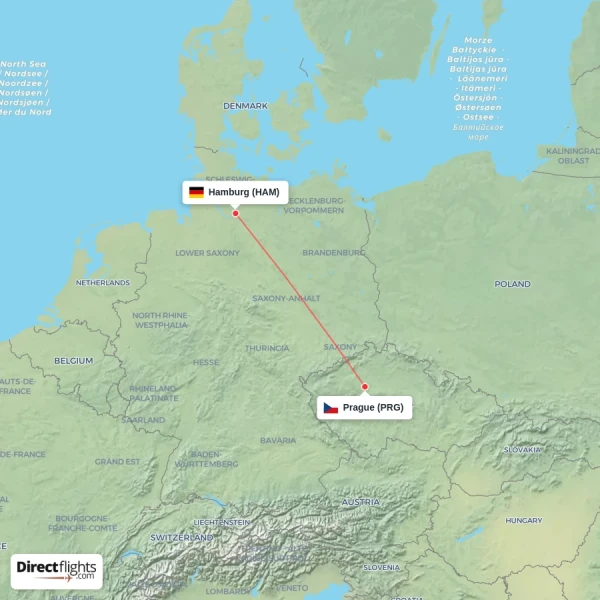 Prague - Hamburg direct flight map