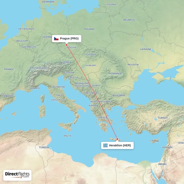 Prague - Heraklion direct flight map