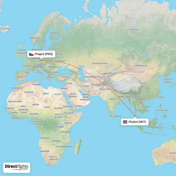 Prague - Phuket direct flight map