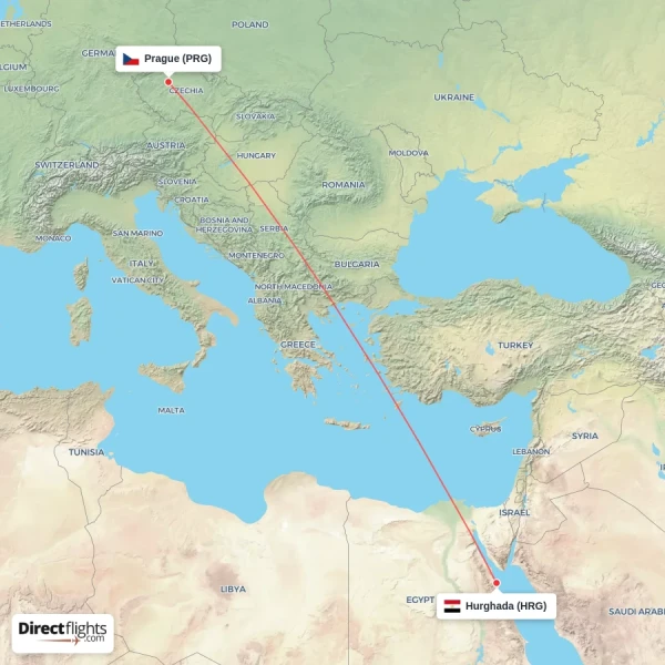 Prague - Hurghada direct flight map