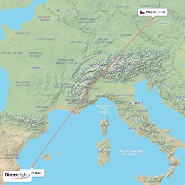 Prague - Ibiza direct flight map
