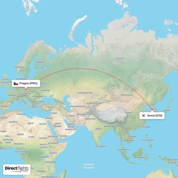 Prague - Seoul direct flight map
