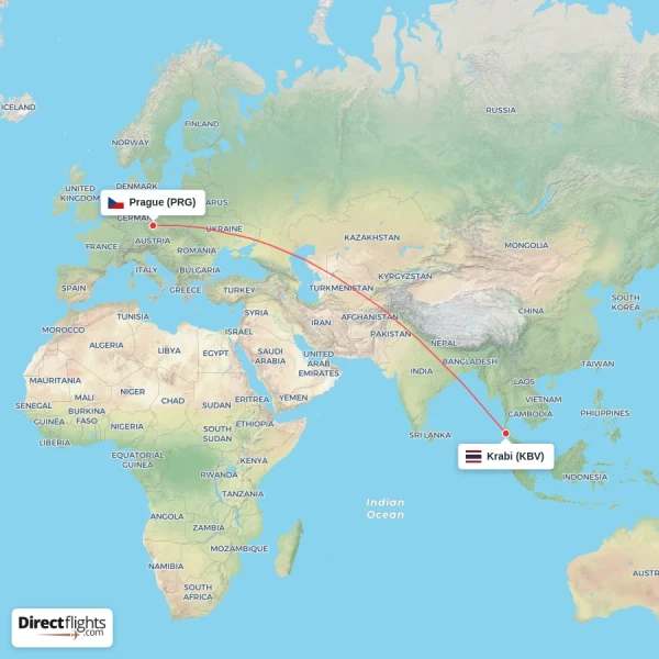Prague - Krabi direct flight map