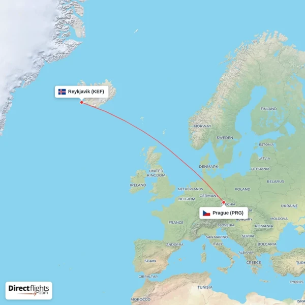 Prague - Reykjavik direct flight map