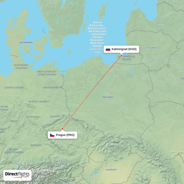 Prague - Kaliningrad direct flight map