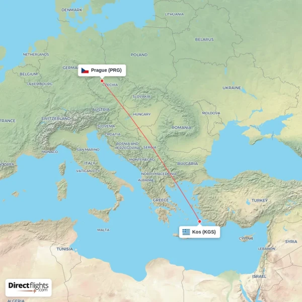 Prague - Kos direct flight map
