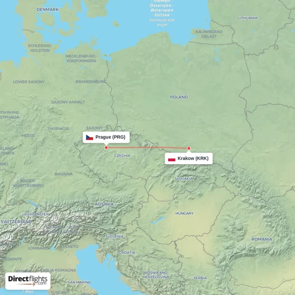 Prague - Krakow direct flight map