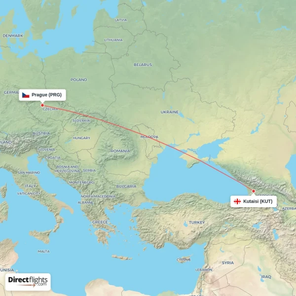Prague - Kutaisi direct flight map