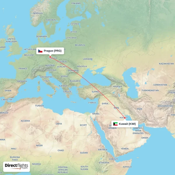 Prague - Kuwait direct flight map