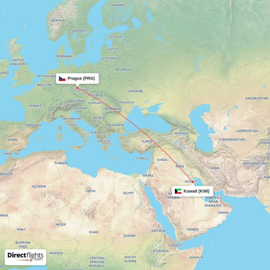 PRG - KWI route map