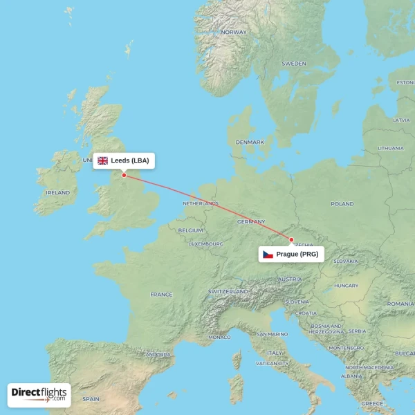 Prague - Leeds direct flight map