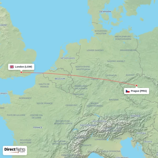 Prague - London direct flight map