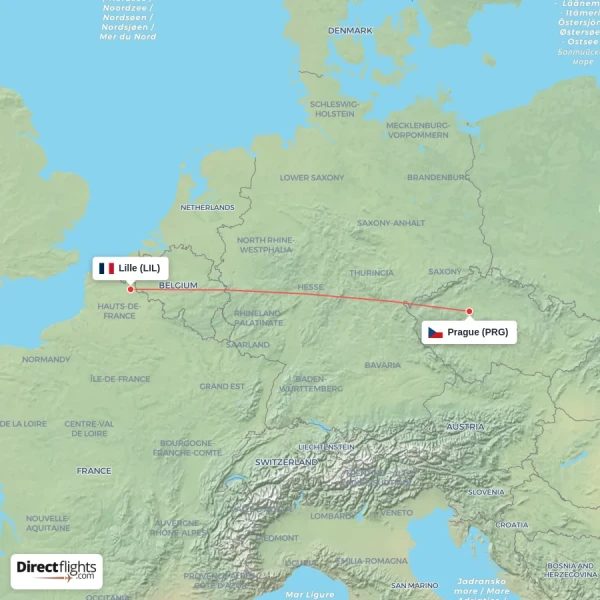 Prague - Lille direct flight map