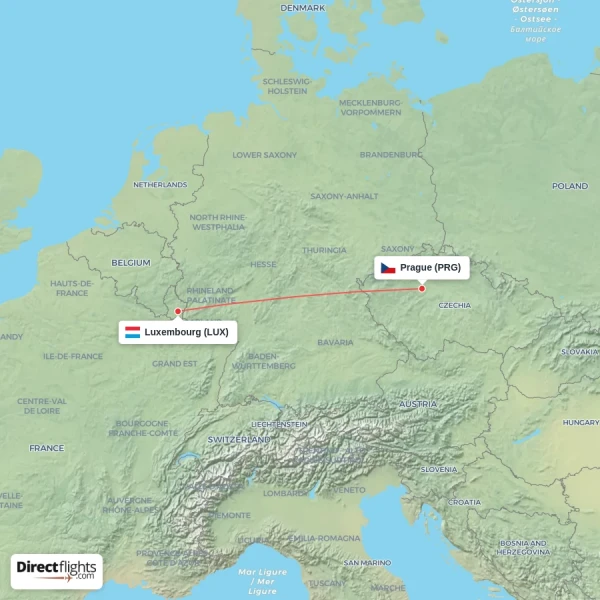 Prague - Luxembourg direct flight map