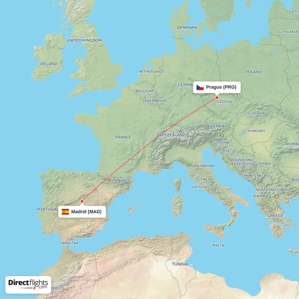 Prague - Madrid direct flight map