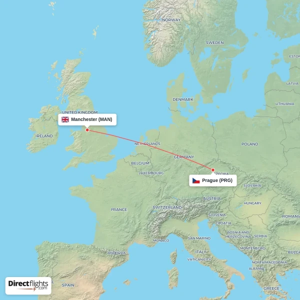 Prague - Manchester direct flight map