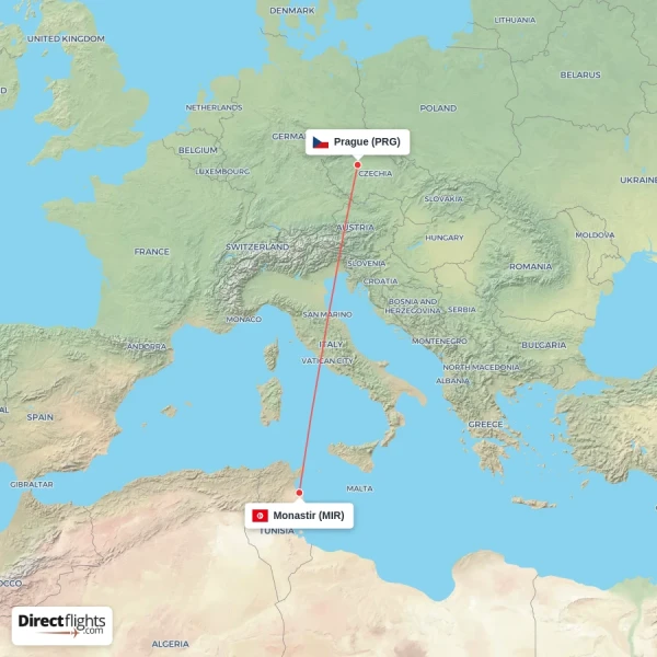 Prague - Monastir direct flight map