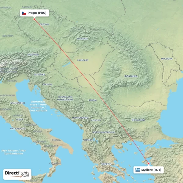 Prague - Mytilene direct flight map