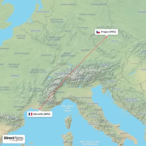 Prague - Marseille direct flight map