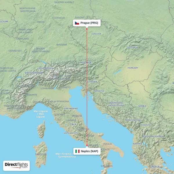 Prague - Naples direct flight map