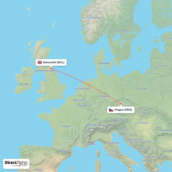 Prague - Newcastle direct flight map