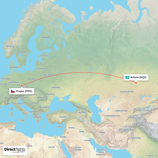 Prague - Astana direct flight map
