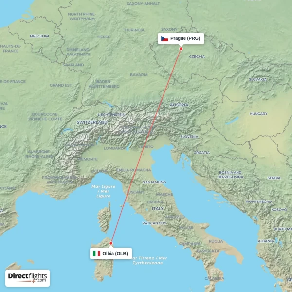 Prague - Olbia direct flight map