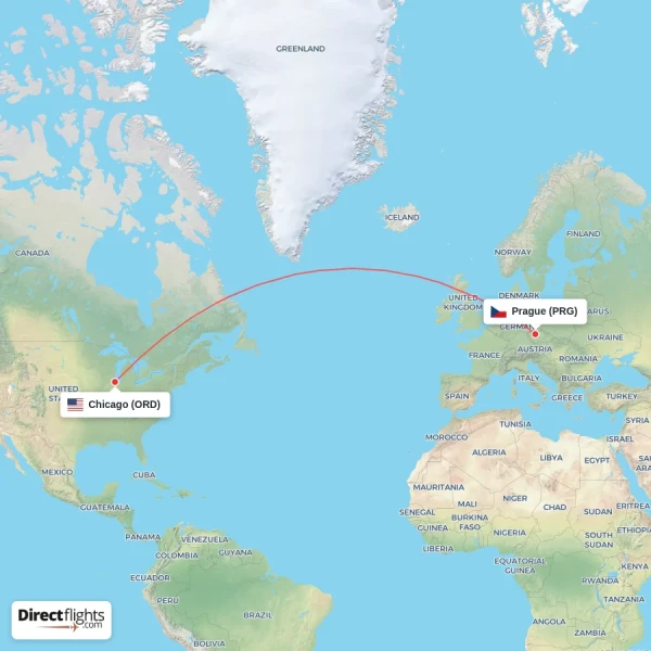 Prague - Chicago direct flight map